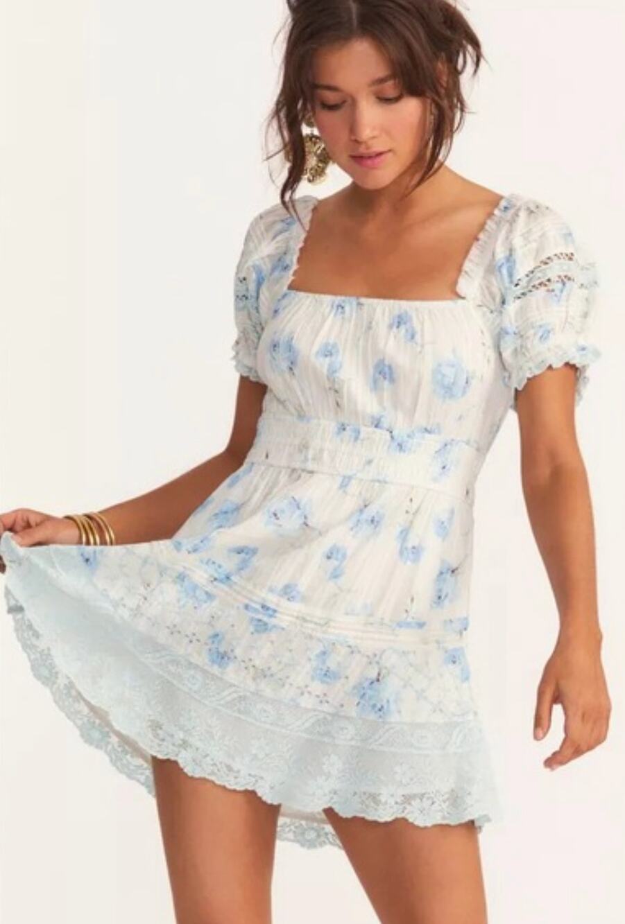 LoveShackFancy Blue White Floral Square Neck Babydoll Lace Trim Mini Dress M